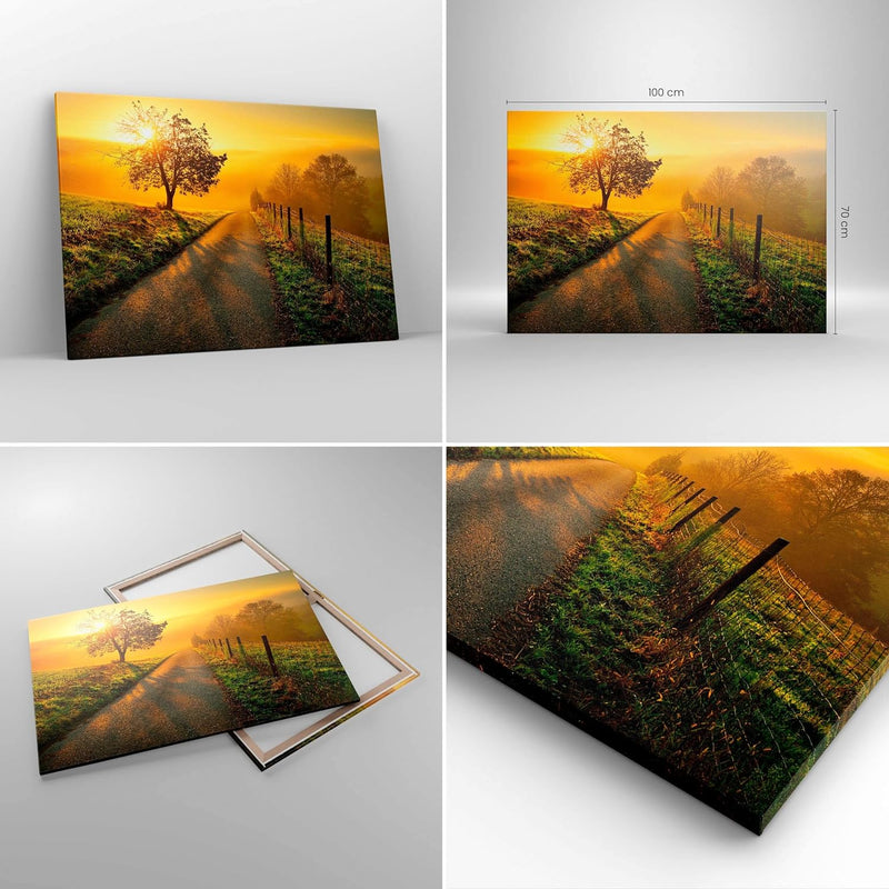 Bilder auf Leinwand 100x70cm Leinwandbild mit Rahmen Feld Strasse Baum Gross Wanddeko Bild Schlafzim