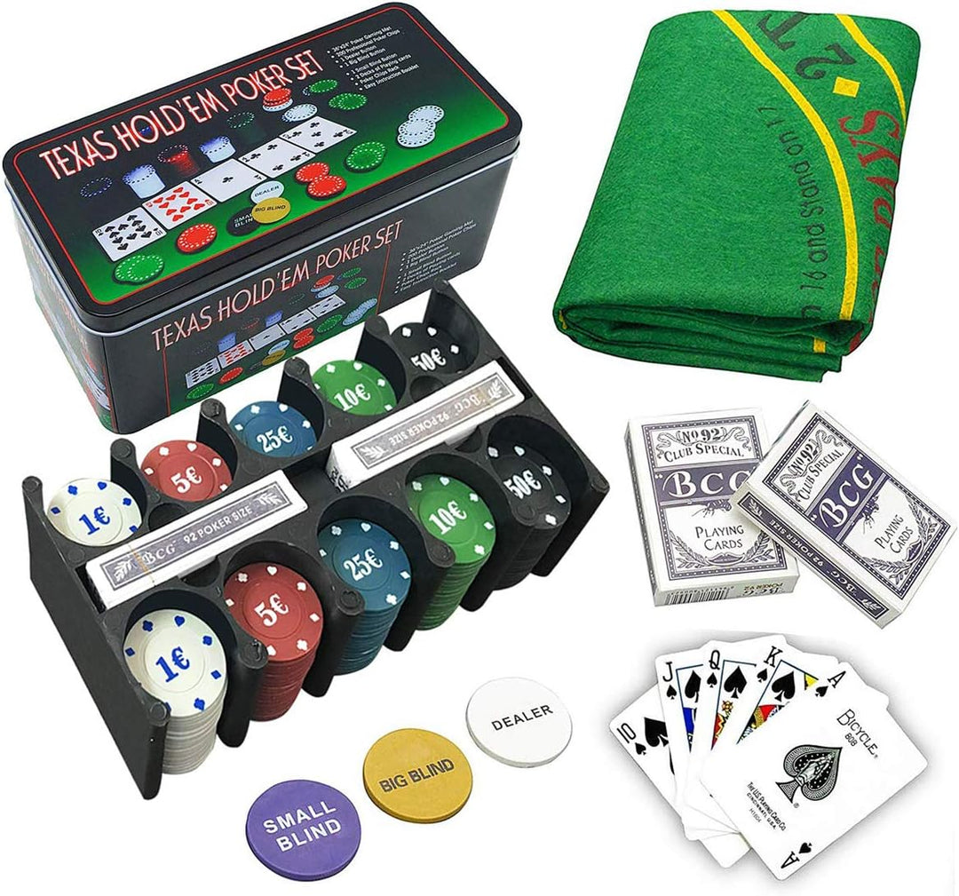 grupu fu Pokerset Metallbox, 200 Pokerchips, 2 Covers, Dealer Button, Small Blind, Big Blind, Spielm