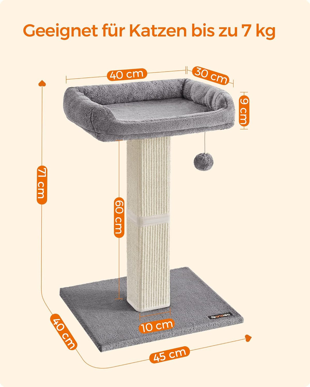 Feandrea Kratzbaum, Katzenbaum mit 40 x 30 cm Plattform aus Plüsch, Kratzstamm, Katzenkratzbaum, 71