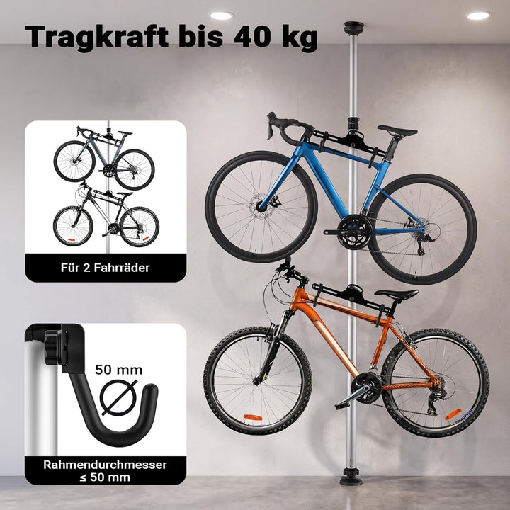 Wiltec Teleskop Fahrradhalter für 2 Räder je 20kg 160-340cm, Fahrradständer platzsparend, Hängesyste
