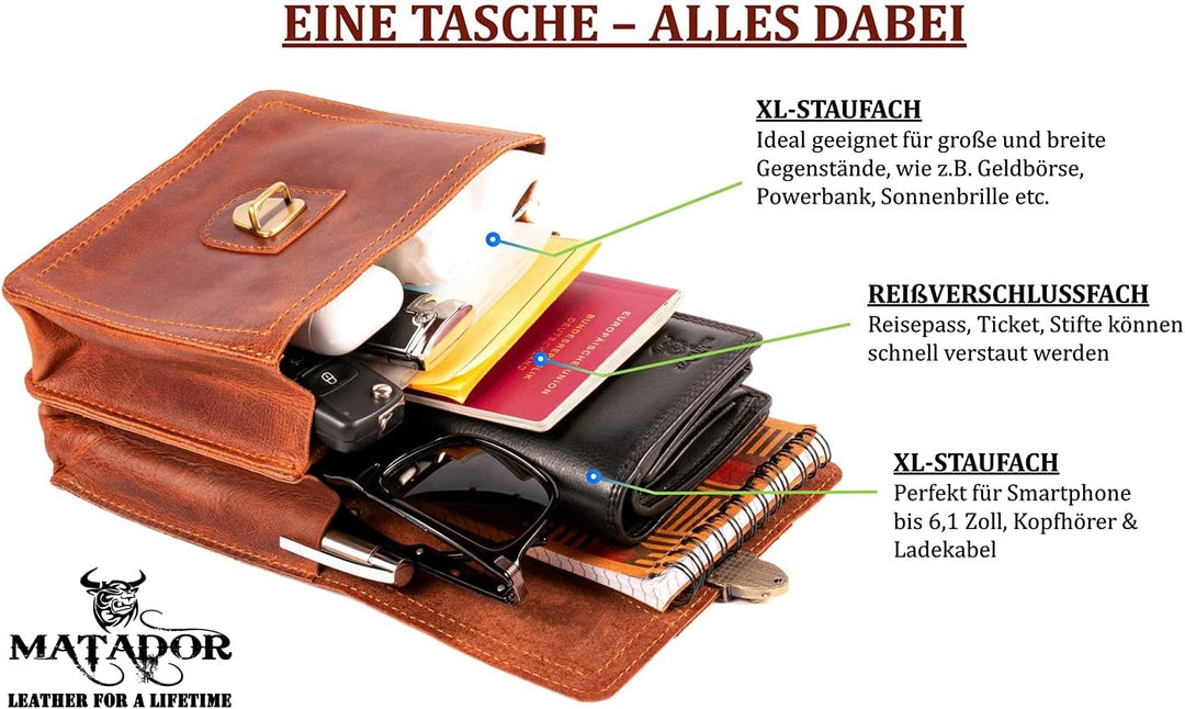 MATADOR Gürteltasche Herren Echt Leder Hüfttasche Malaga Vintage Braun Bauchtasche Damen Handtasche