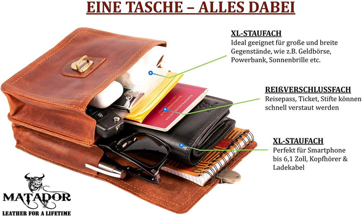MATADOR Gürteltasche Herren Echt Leder Hüfttasche Malaga Vintage Braun Bauchtasche Damen Handtasche