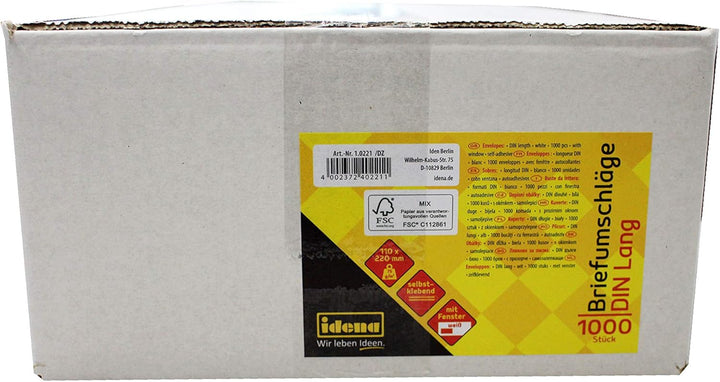 Idena 10221 - Briefumschläge mit Fenster DIN lang, 1000 Stück selbstklebend, Umschläge aus 75 g/m² F