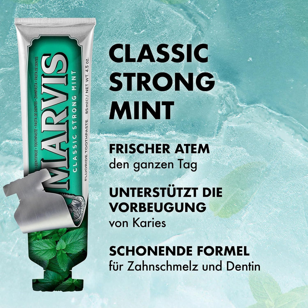 Marvis Classic Strong Mint Zahnpasta, 3 × 85 ml, Zahnpasta mit Geschmacks-Erlebnis-Garantie für bele