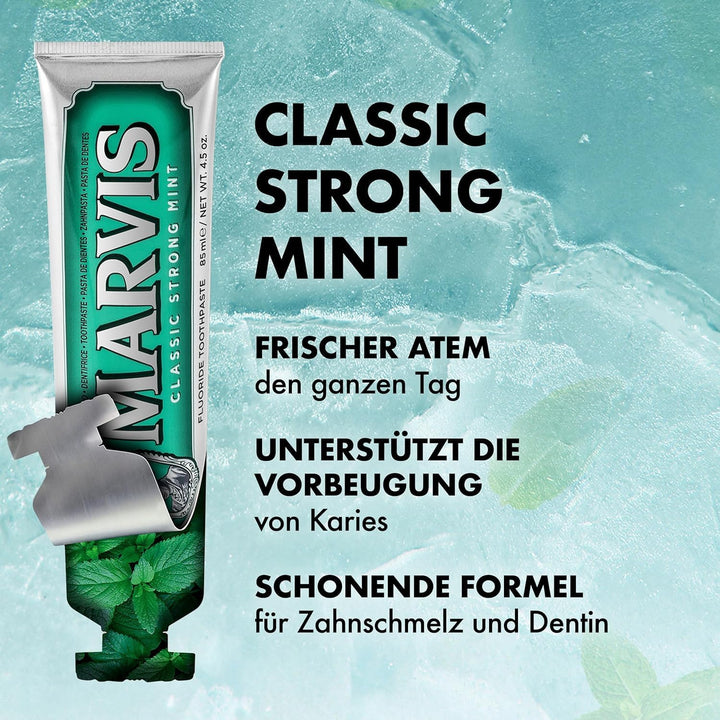 Marvis Classic Strong Mint Zahnpasta, 3 × 85 ml, Zahnpasta mit Geschmacks-Erlebnis-Garantie für bele
