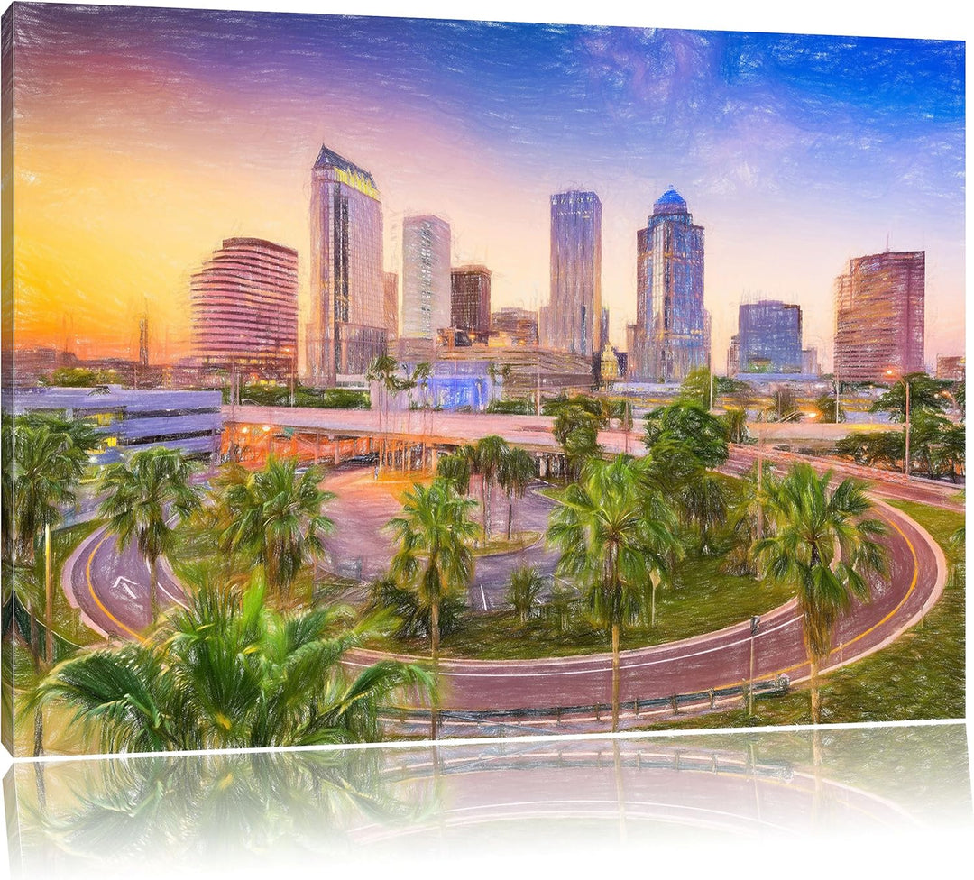 Pixxprint Skyline in den USA Kunst Buntstift Effekt, Format: 100x70 auf Leinwand, 100x70