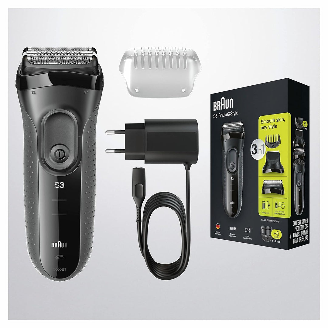 Braun Series 3 3-in-1 Elektrorasierer, Barttrimmer mit 5 Kammaufsätzen, Wet&Dry, 45 Minuten Akkulauf