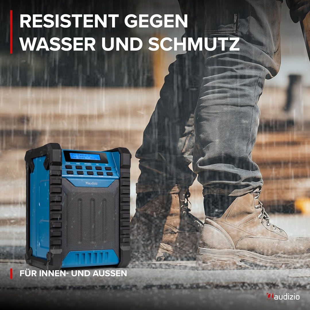 Audizio Jobsite - Baustellenradio DAB Plus Radio mit Bluetooth 5.0, Akku 8h, 100 Watt Leistung, IP54