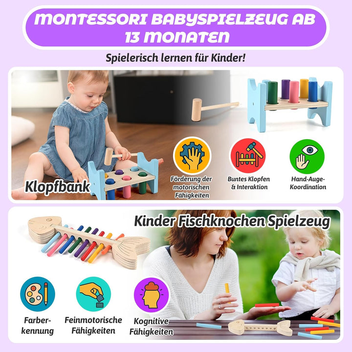 Wooderma Montessori Spielzeug ab 12 Monaten – Holzspielzeug Set mit Sortierspiel, Stapelspiel, Forme
