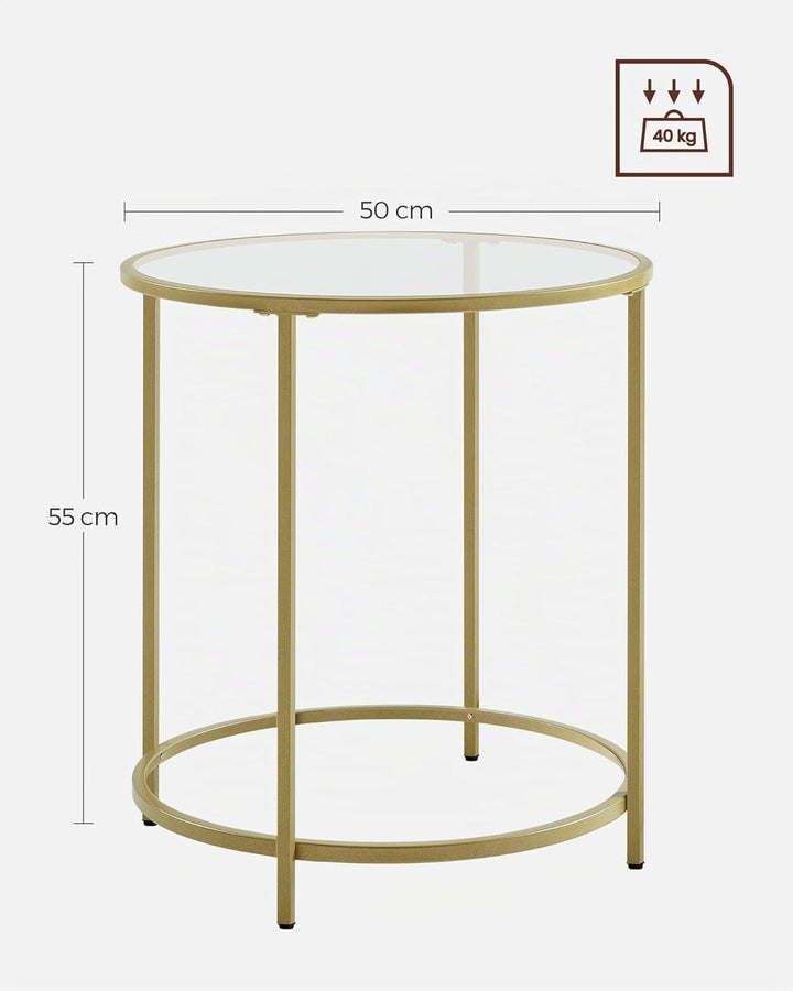 VASAGLE Beistelltisch rund, Glastisch mit goldenem Metallgestell, Kleiner Couchtisch, Nachttisch, So
