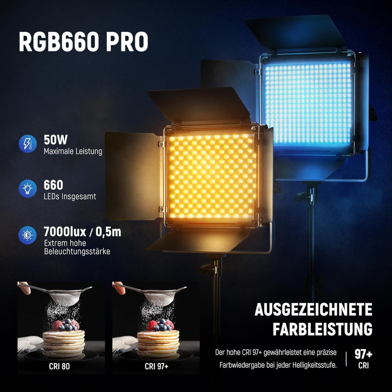 NEEWER 2 x 660 PRO RGB LED Videoleuchte Panel mit Stativ Ständer Set App Steuerung 360° Vollfarbe Vi