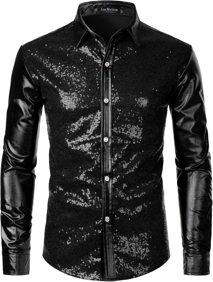 LucMatton Glänzende Metallic-Hemden für Herren, schmale Passform, Knopfleistenshirt, für Club, Rock,