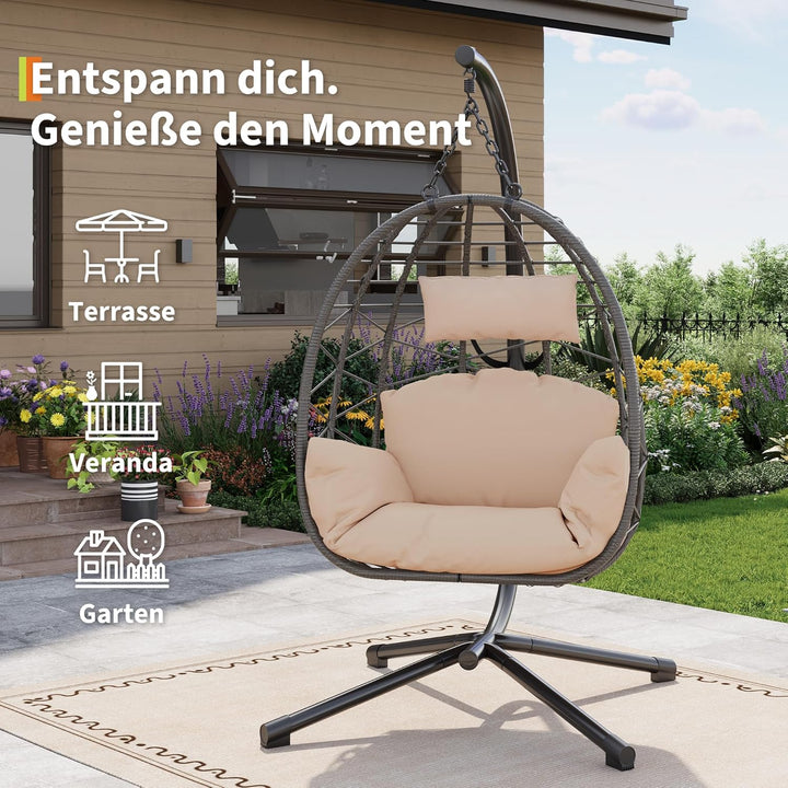 Hängesessel mit Gestell Outdoor bis 150 kg belastbar, Rattan Hängesessel mit Metallgestell, ideal al
