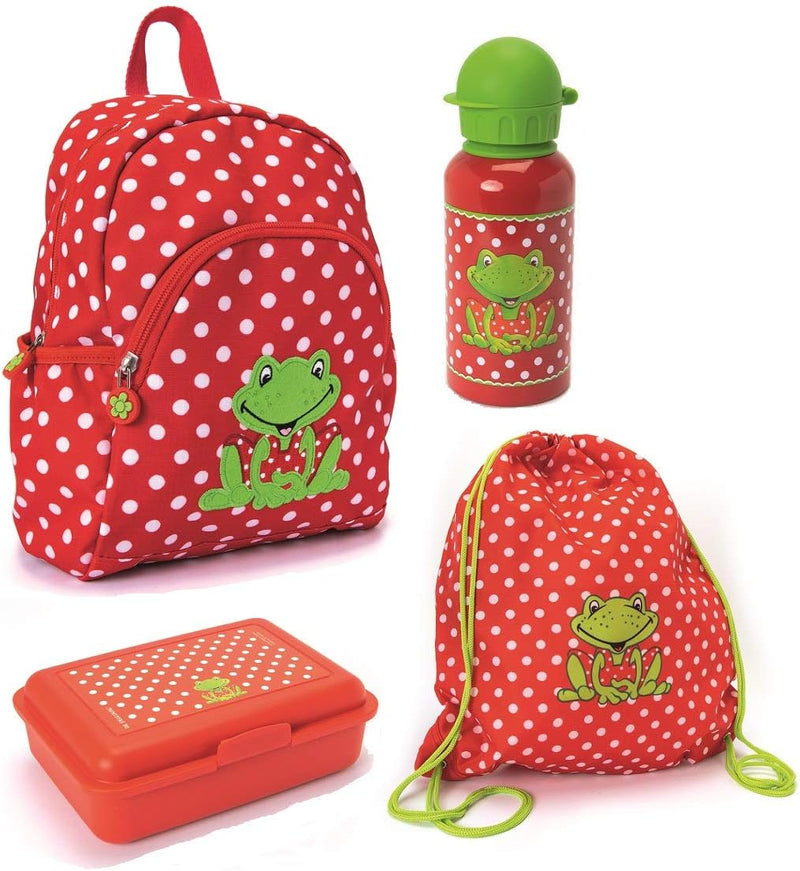 Spiegelburg Kindergarten Rucksack Set 4tlg. mit Turnbeutel, Brotdose und Trinkflasche Fröhliche Tupf