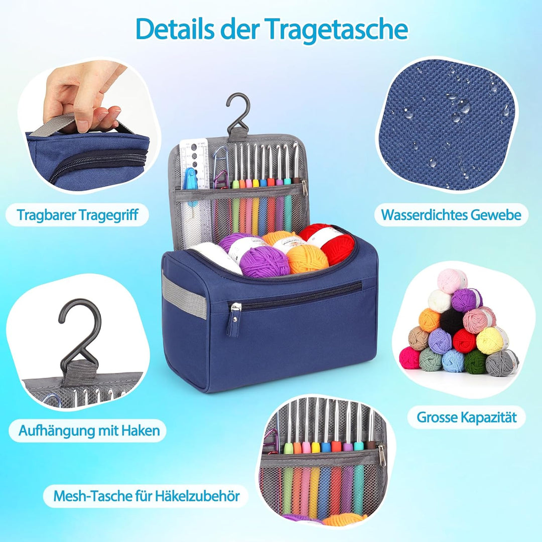 Coopay Tragbar Häkelset für Anfänger, Häkelnadel Set mit 15 Wolle, Tasche, Häkelzubehör, Ergonomisch