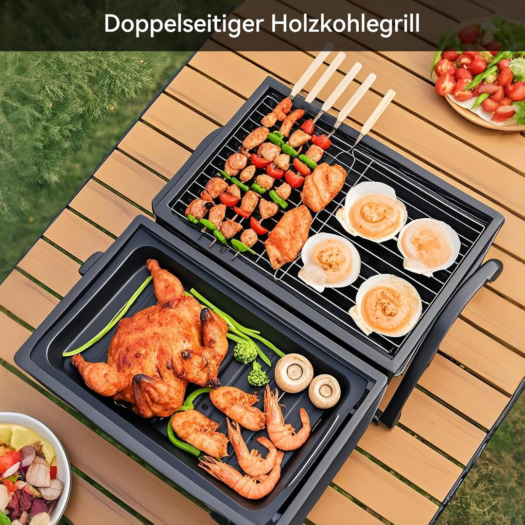 BBQ Grill Tragbar Grill Holzkohlegrill Klappbar Camping Grill Doppelseitig Räuchergrill für Outdoor