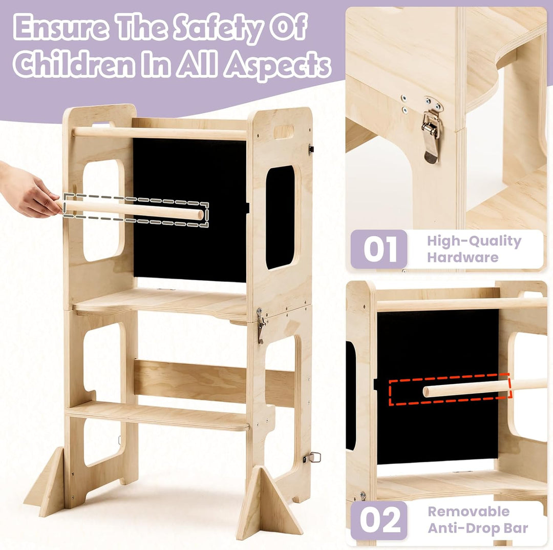 Labebe Lernturm für Kinder, Faltbarer Montessori Learning Tower, 3 in 1 Montessori Küchenhelfer Lern