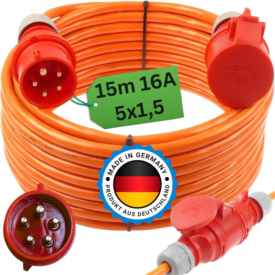 netbote24 CEE Starkstromkabel Verlängerungskabel 16A 400V Pur-Leitung H07BQ-F 5g1,5 Aussen 15m