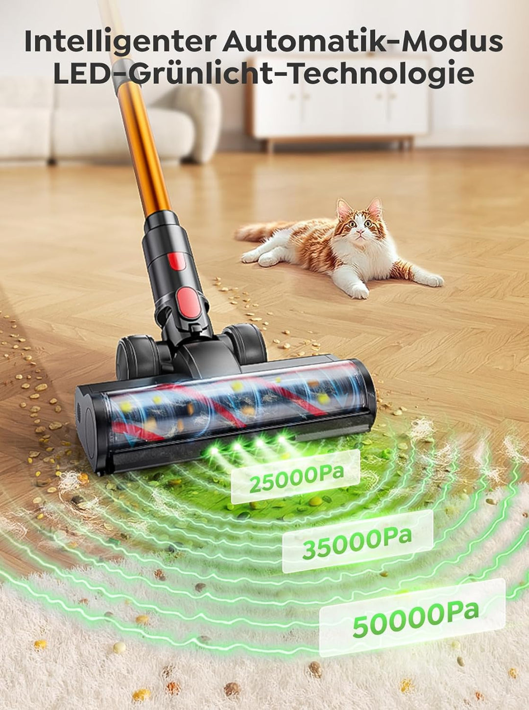 Akku Staubsauger 50KPA/600W/65Min,Selbststehender Staubsauger Kabellos mit 1M Ausziehbarer Schlauch,