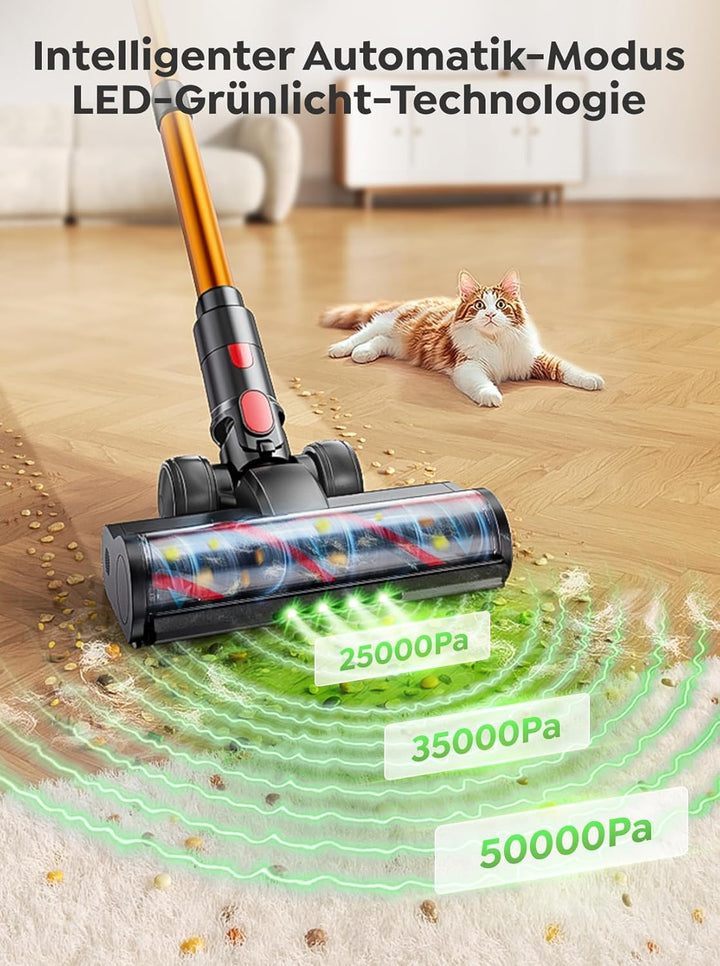 Akku Staubsauger 50KPA/600W/65Min,Selbststehender Staubsauger Kabellos mit 1M Ausziehbarer Schlauch,