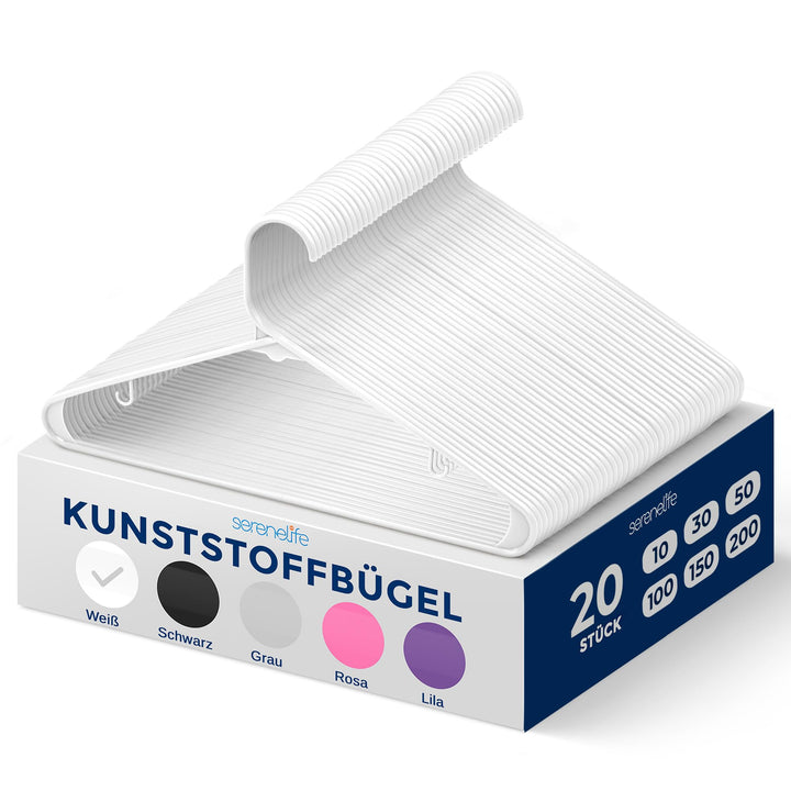 SereneLife Kleiderbügel Kunststoff Weiss, 20er Set, Bügel rutschfest und Platzsparend, Clothes Hange