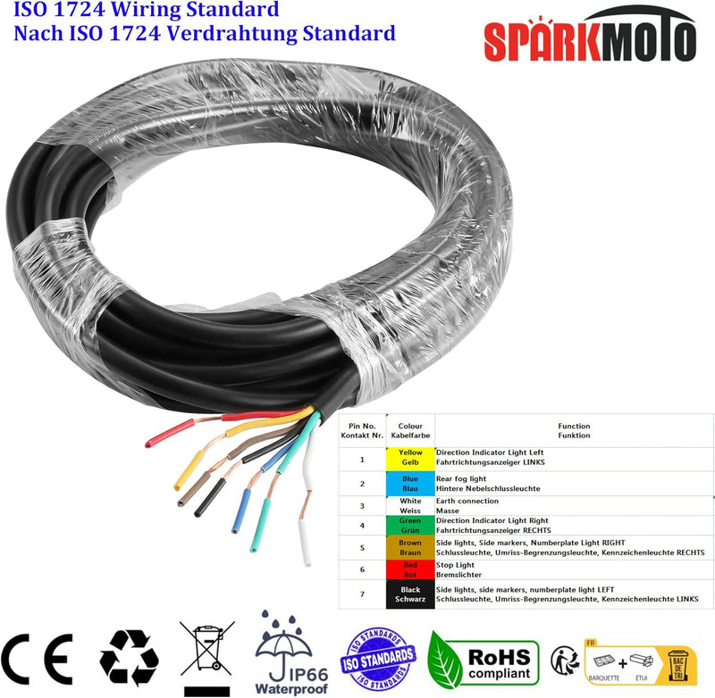 SPARKMOTO 7 adriges Fahrzeugleitung Rundkabel 5m, Automobilqualität FLRYY KFZ Anhängerkabel 7 Polig