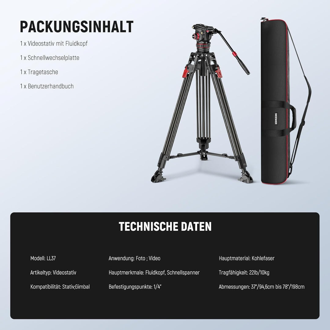 NEEWER 78" Kohlefaser Video Kamerastativ, dämpfender einstellbarer Fluidkopf Ein Schritt Schnellvers