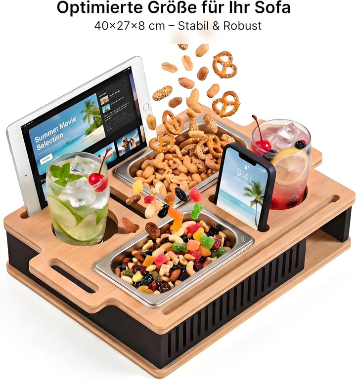 Couchbar Snackbox mit Tablet-Halter – Durchdachte Geschenkidee für Männer & Frauen – Bambus Sofa Tab