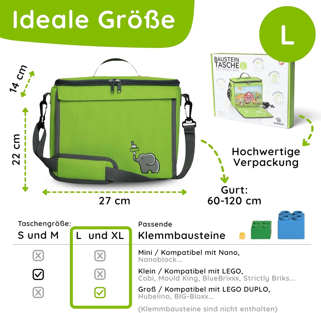 fantifant Baustein-Tasche mit ausklappbarer Bauplatte | farmgrün Grösse L I kompatibel mit Lego Dupl