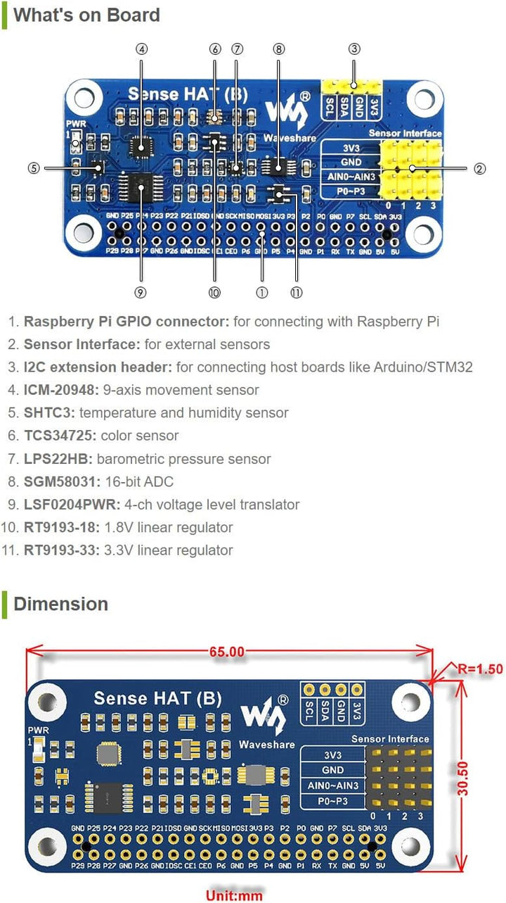 Waveshare Sense HAT (B) for Raspberry Pi Onboard Multi Powerful Sensors Such as Gyroscope Accelerome