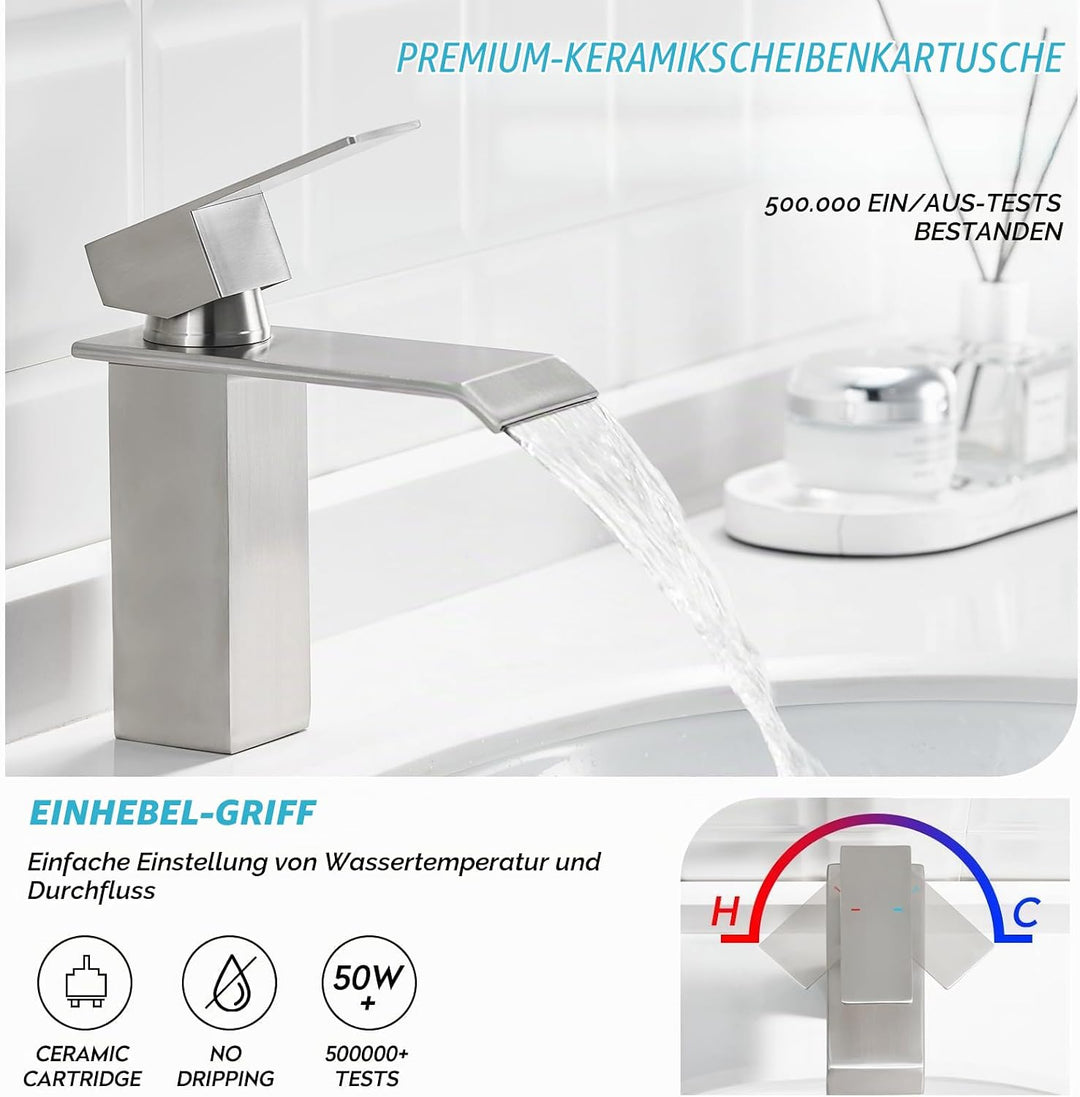 CREA Wasserhahn Bad Wasserfall, Waschtischarmatur mit Ablaufgarnitur, Mischbatterie Bad mit Wasserfa
