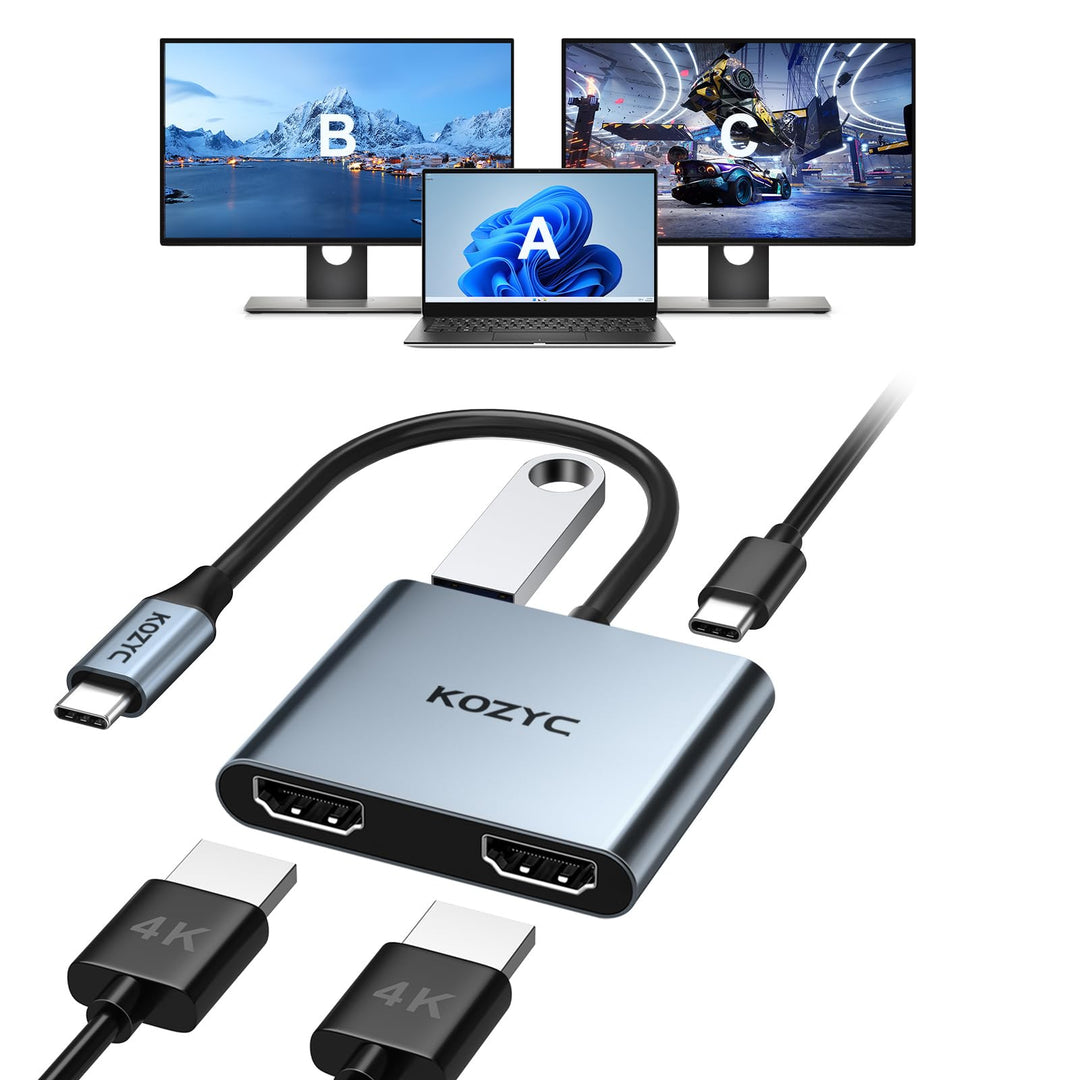 USB C to Dual HDMI Adapter, KOZYC USB C Hub Multiport Adapter mit 2 HDMI 4K, USB 3.0, 100W PD, Unter