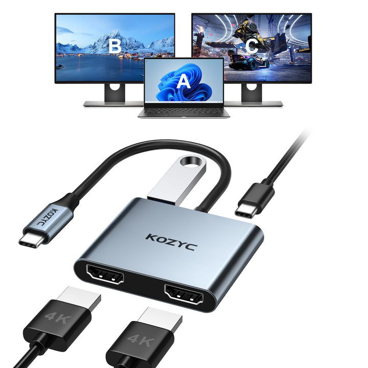 USB C to Dual HDMI Adapter, KOZYC USB C Hub Multiport Adapter mit 2 HDMI 4K, USB 3.0, 100W PD, Unter