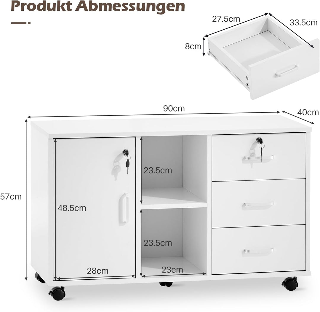 TUKAILAI Rollcontainer Abschliessbar mit 3 Schubladen, Lagerung Fach und Offene Regale, Aktenschrank