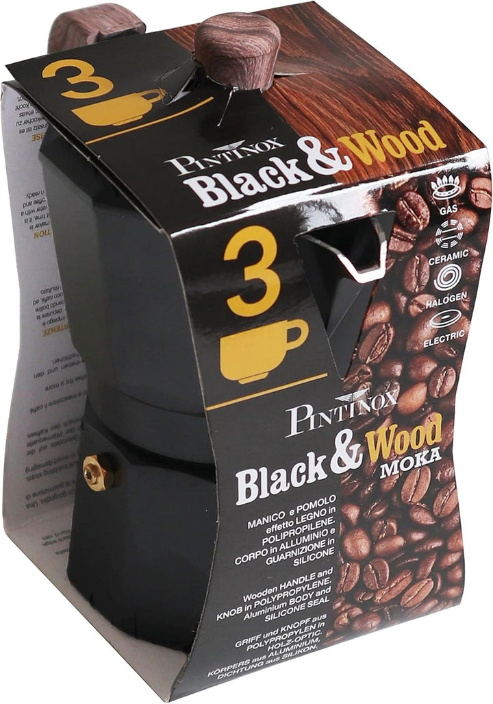 PINTINOX Black&amp;Wood Moka Espressokocher für 3 Tassen (158 ml, Schwarz) 3 tazze, 3 tazze
