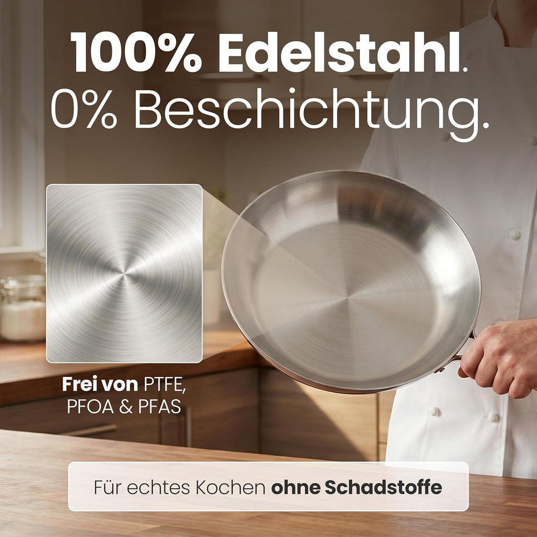 Batoris Edelstahlpfanne Unbeschichtet - Induktion - Profi Bratpfanne 28cm - Perfekt als Steakpfanne