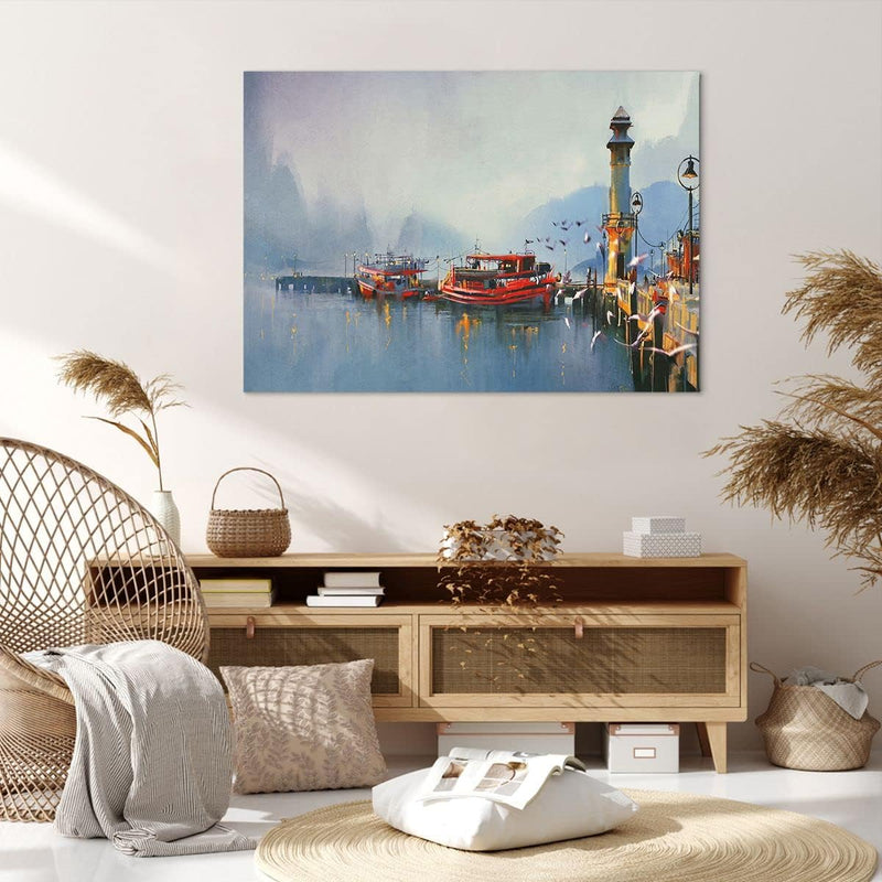 Bilder auf Leinwand 100x70cm Leinwandbild mit Rahmen Hafen Laterne Boot Gross Wanddeko Bild Schlafzi