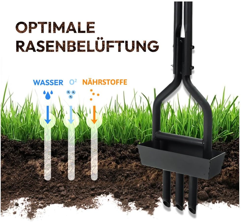 Dönges Rasenlüfter manuell - 3 Zinken aus Stahl + Kernsammelrahmen - Hand-Aerifizierer für Moosreduz