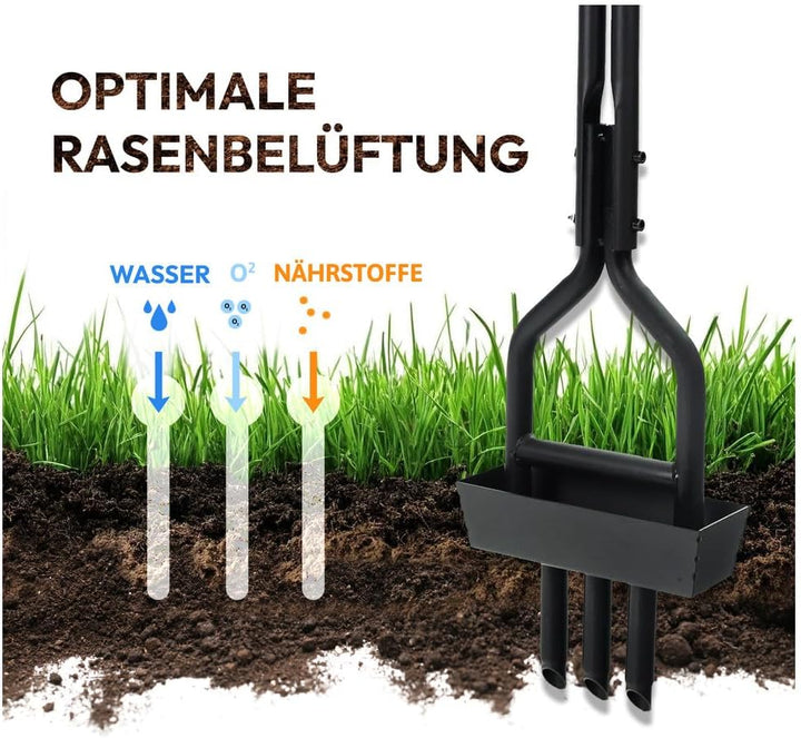 Dönges Rasenlüfter manuell - 3 Zinken aus Stahl + Kernsammelrahmen - Hand-Aerifizierer für Moosreduz