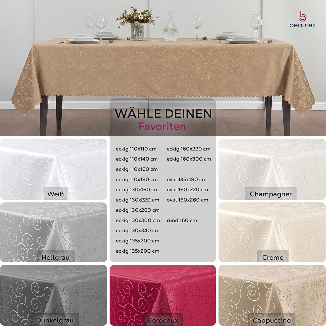 BEAUTEX Tischdecke Damast Ornamente - Bügelfreies Tischtuch - Fleckabweisende, Pflegeleichte Tischwä