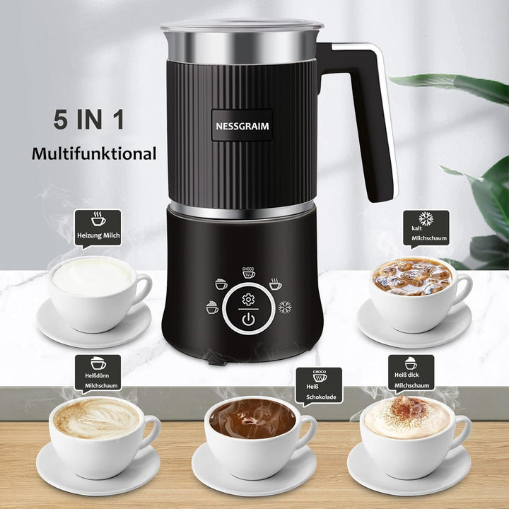 Milchaufschäumer Elektrisch 5-in-1, Milchschäumer Spülmaschinenfest mit Kakao Funktion für heisser S