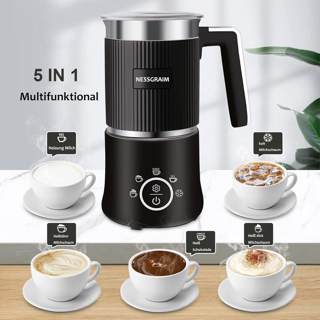 Milchaufschäumer Elektrisch 5-in-1, Milchschäumer Spülmaschinenfest mit Kakao Funktion für heisser S