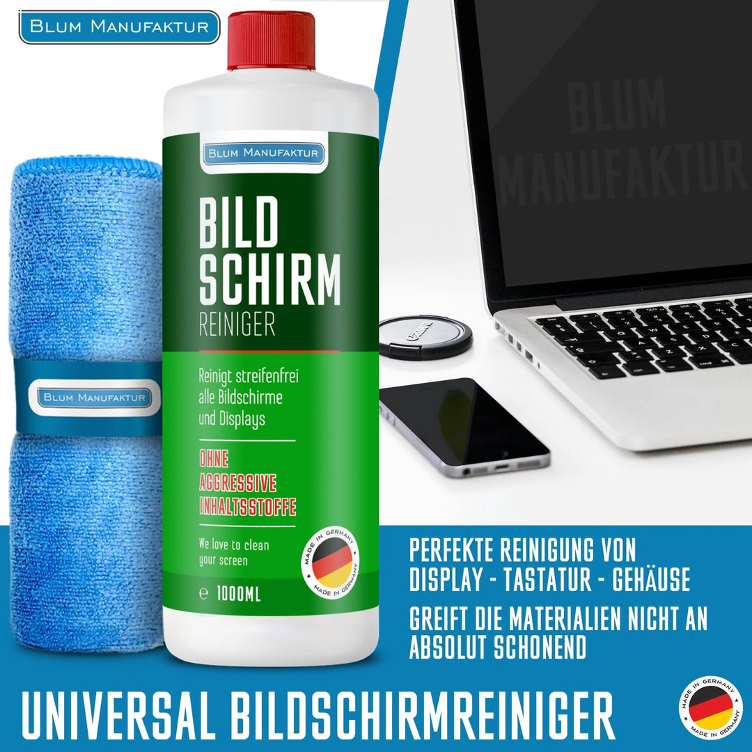 Blum Manufaktur 1000 ml Bildschirmreiniger + 30x30 cm Mikrofasertuch Supersoft 365GSM - Screen Clean