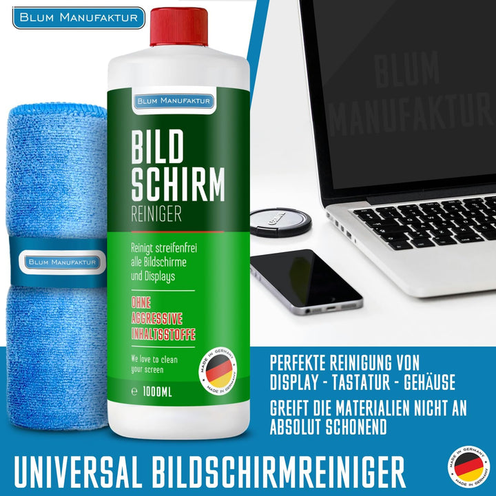 Blum Manufaktur 1000 ml Bildschirmreiniger + 30x30 cm Mikrofasertuch Supersoft 365GSM - Screen Clean