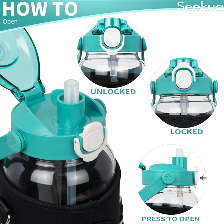 Seekua 2l Trinkflasche Glas Flasche mit Strohhalm & Zeitmarkierung, 2 liter Wasserflasche mit Frücht