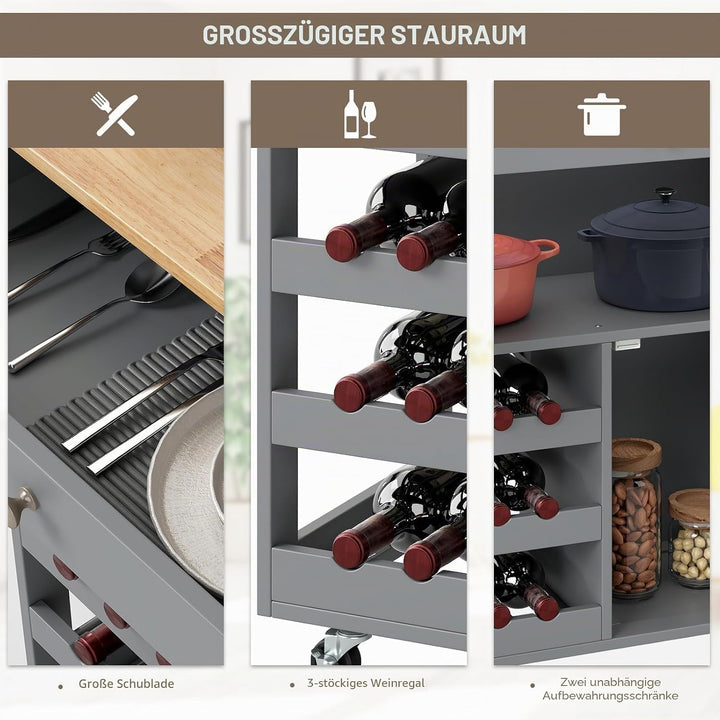 FANTASK Küchentrolley auf Rollen, Küchenschrank Holz mit Schubladen & 3-stöckigem Weinregal & Arbeit