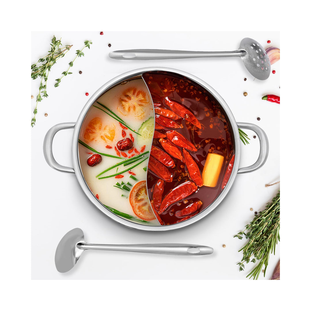 5L Shabu-Shabu Topf mit Trennwand - 304 Edelstahl Doppelfach Induktionstauglich, 30cm Durchmesser +