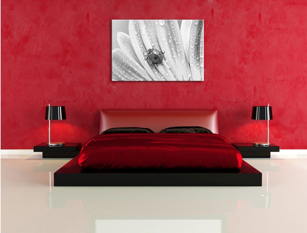 Pixxprint Marienkäfer auf gelber Blume / 100x70cm Leinwandbild bespannt auf Holzrahmen/Wandbild Kuns