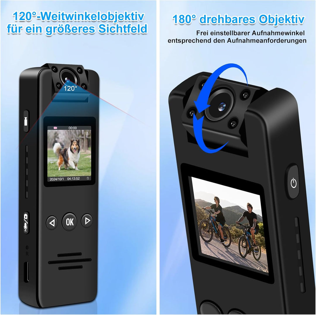 Bodycam 1080P Kleine Kamera ohne WLAN Action Cam mit Bewegungserkennung Nachtsicht, 180° drehbarem O