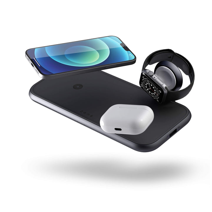 ZENS Dual+Watch 2x10W Aluminium 4in1 kabelloses Ladegerät (Apple &amp; Samsung Fast Charging, Qi/MFi-Zer